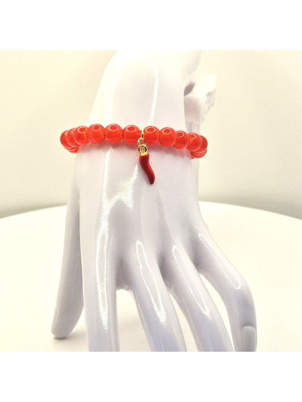 Red Beaded Bracelet With Chili Pepper Protection Charm Elastic Design